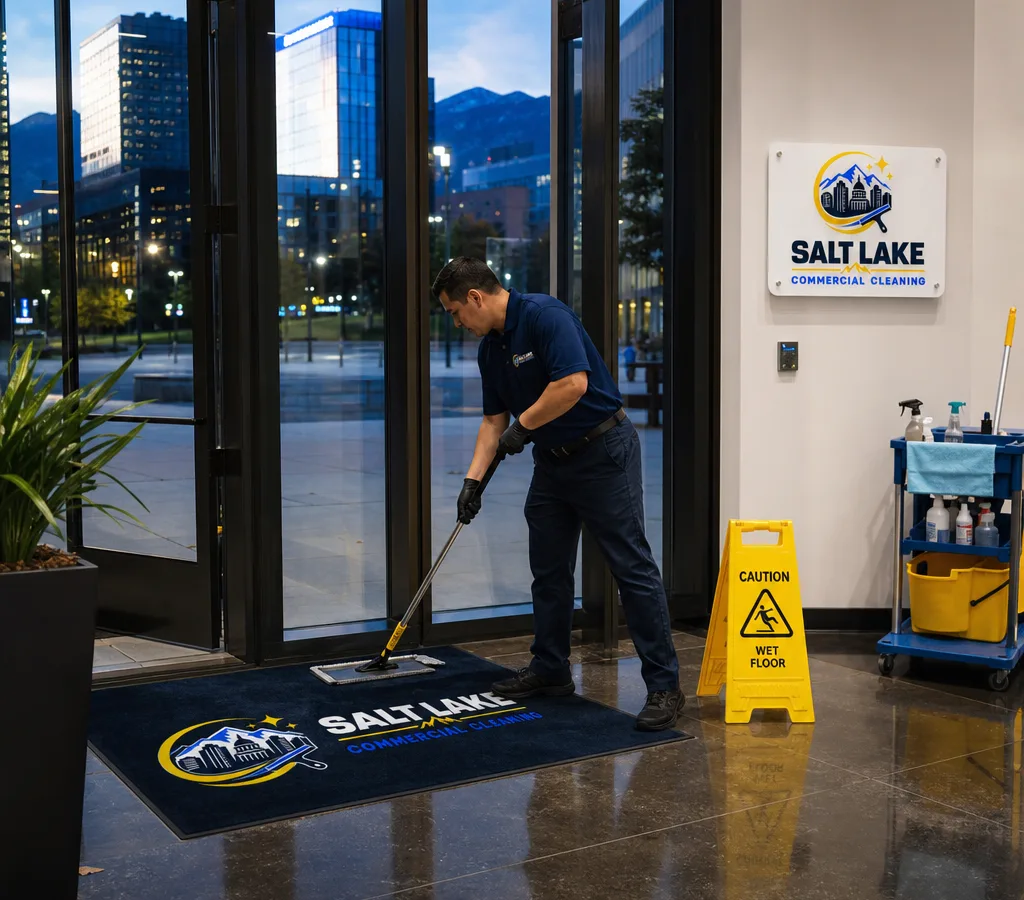 Commercial janitorial professional cleaning a modern Salt Lake City office lobby entryway after hours