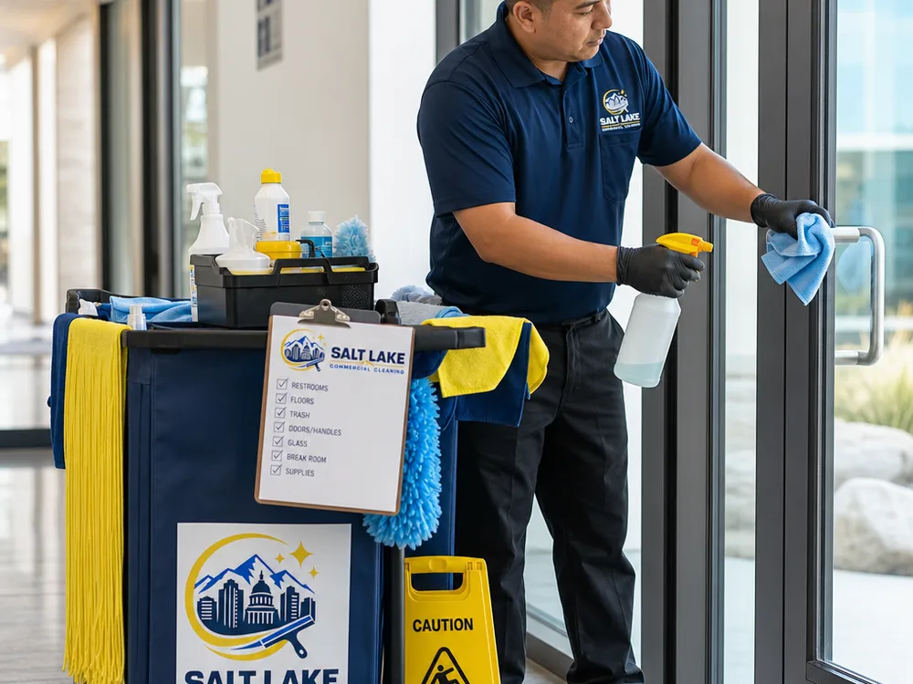 Janitorial technician wiping a high-touch door handle beside a staged commercial cleaning cart and checklist