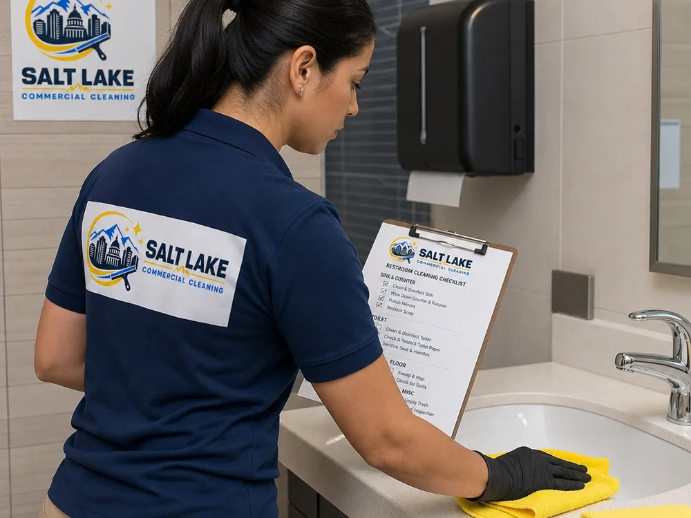 Cleaner performing detailed restroom sanitizing with a checklist and color-coded microfiber cloths