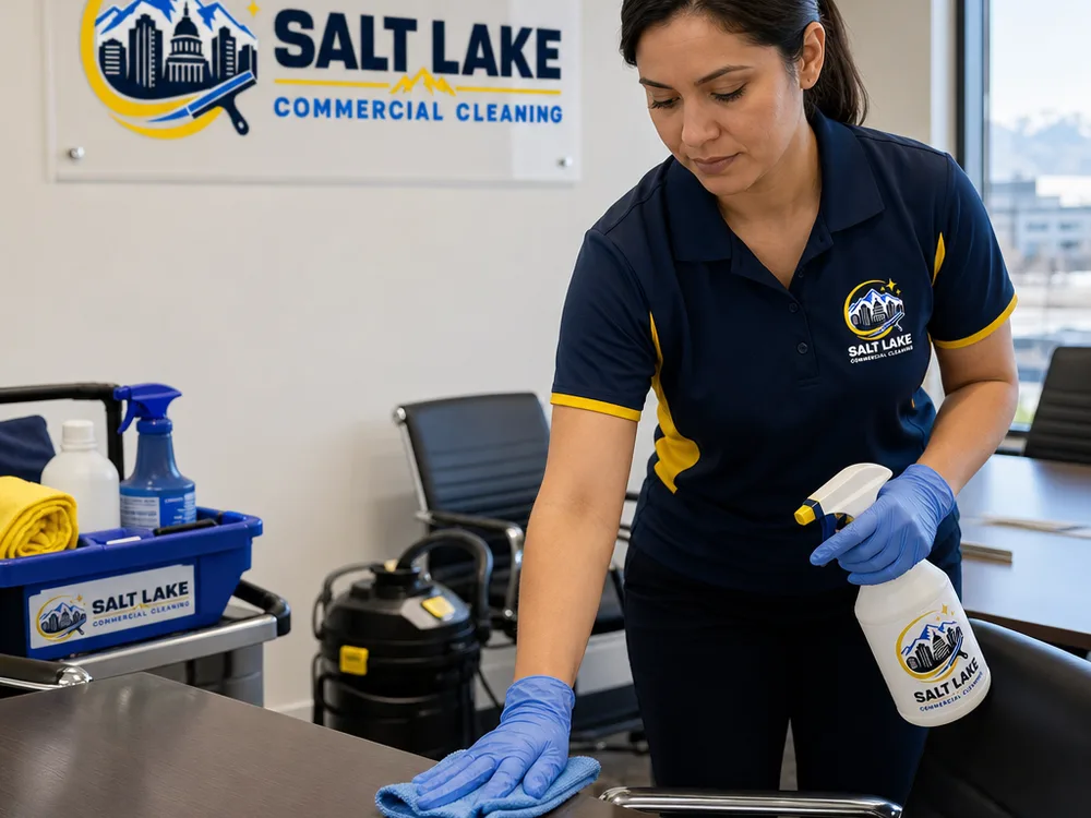 Cleaner using a microfiber system to disinfect a conference room table and chair arms with labeled supplies and a vacuum nearby