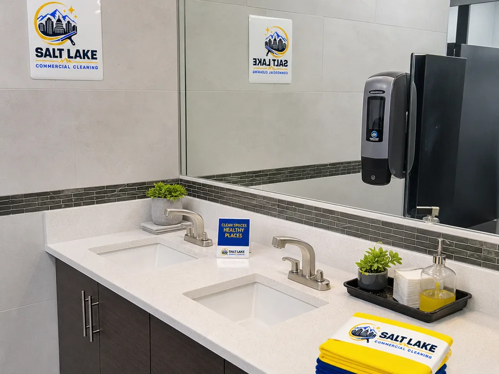 Freshly cleaned office restroom with streak-free mirrors, polished fixtures, and neatly stocked dispensers
