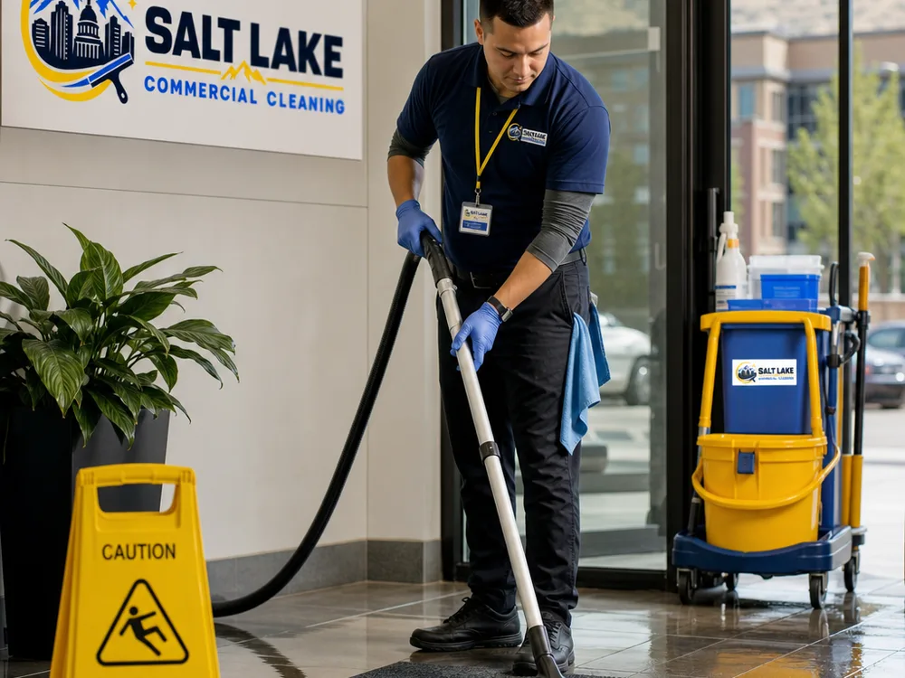 Cleaner performing floor care at a commercial entryway with caution signage