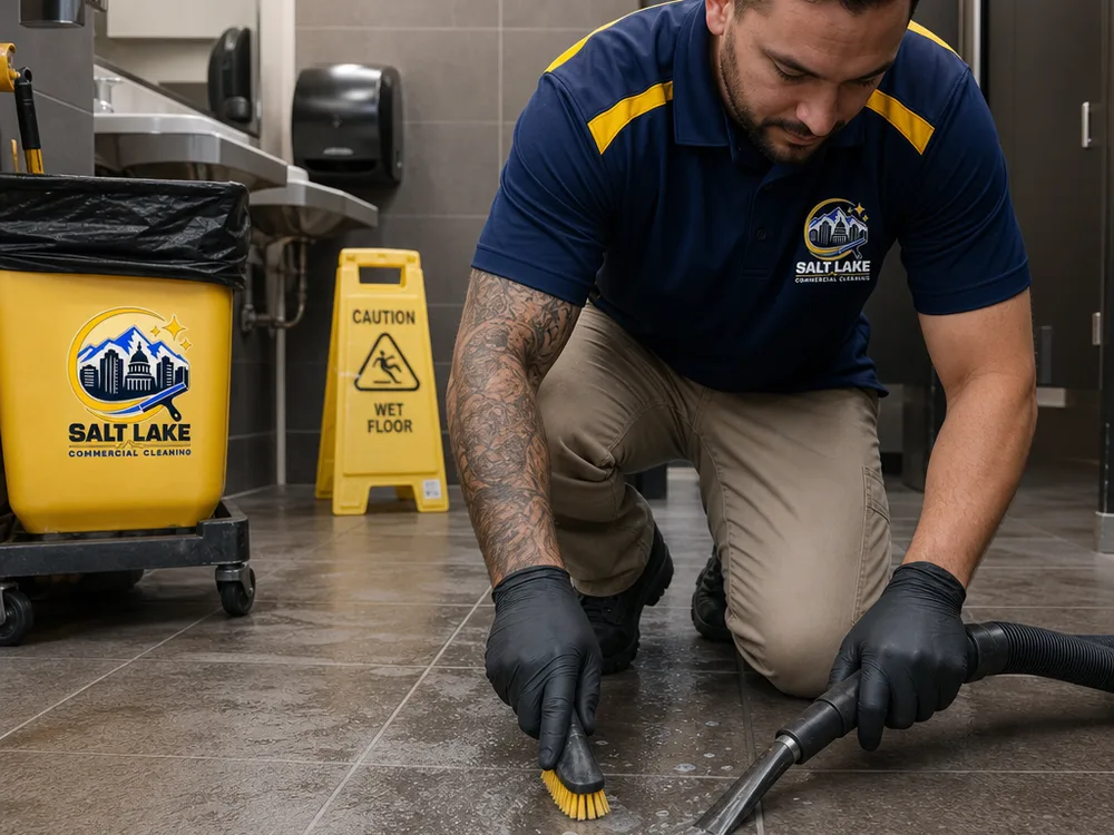Grout-line agitation at the edge of a commercial restroom floor with wet-vacuum recovery equipment nearby
