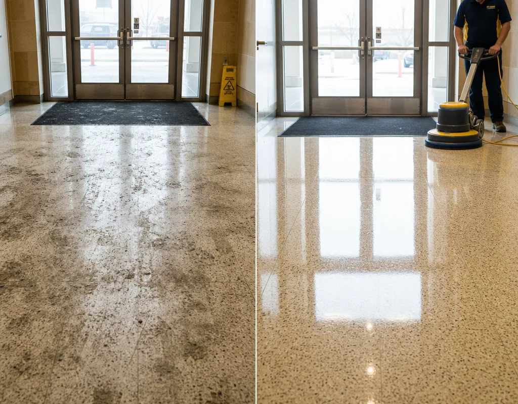 Before-and-after comparison of tracked-in grime and restored commercial entryway flooring