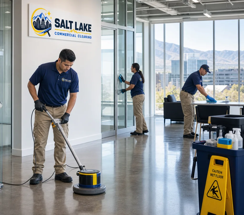 Commercial cleaning team performing detailed deep cleaning in a modern Salt Lake City facility