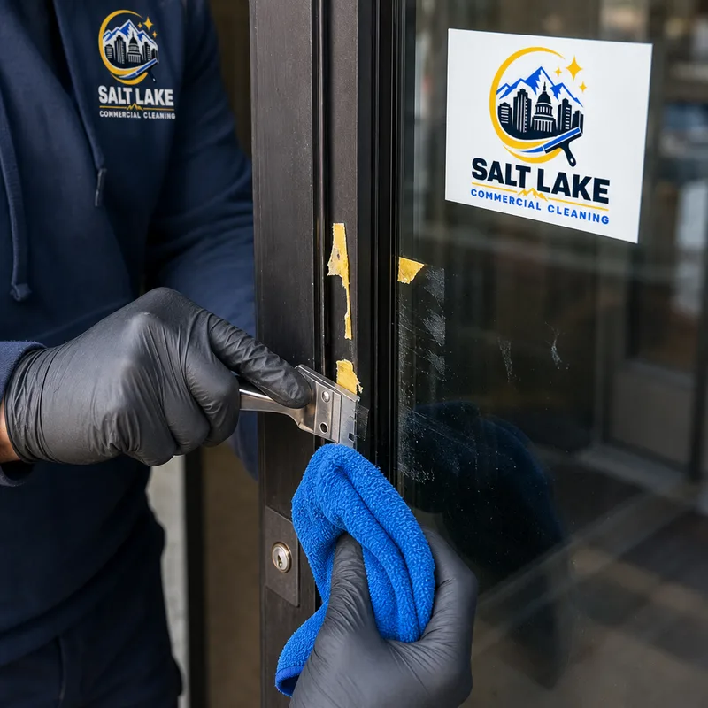 Cleaner safely removing adhesive residue from a glass door and metal frame with renovation tape remnants nearby
