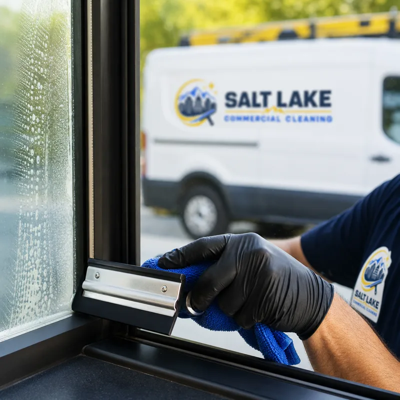 Close-up of a squeegee and microfiber cloth detailing the edges and corners of a large glass pane