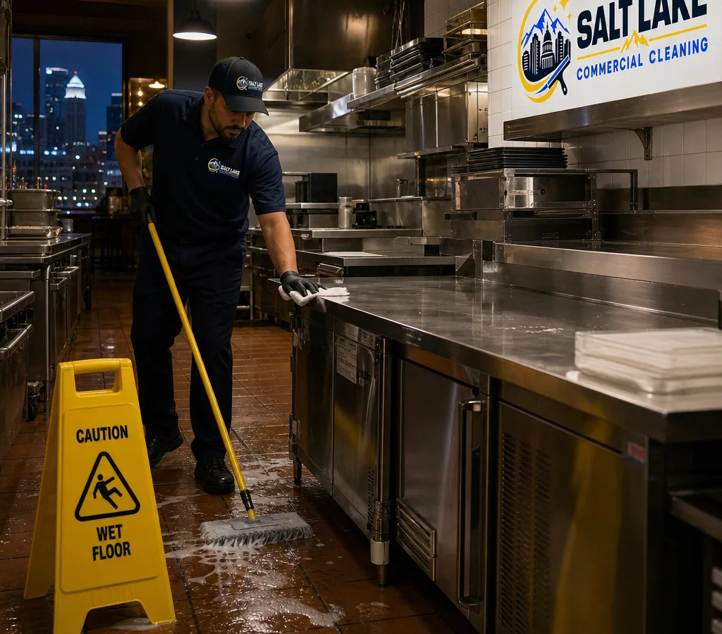 After-hours cleaner sanitizing a stainless restaurant prep line and nearby floor with wet-floor signage in Salt Lake City