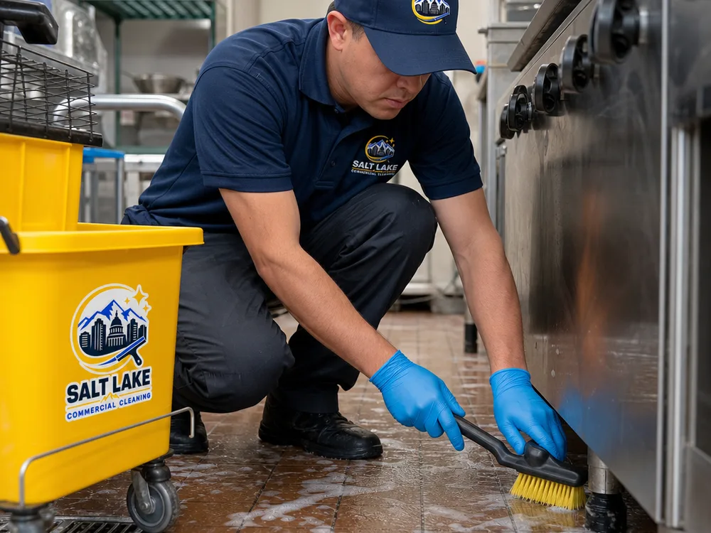 Cleaner performing detailed degreasing along the edges and corners of a commercial kitchen cook line