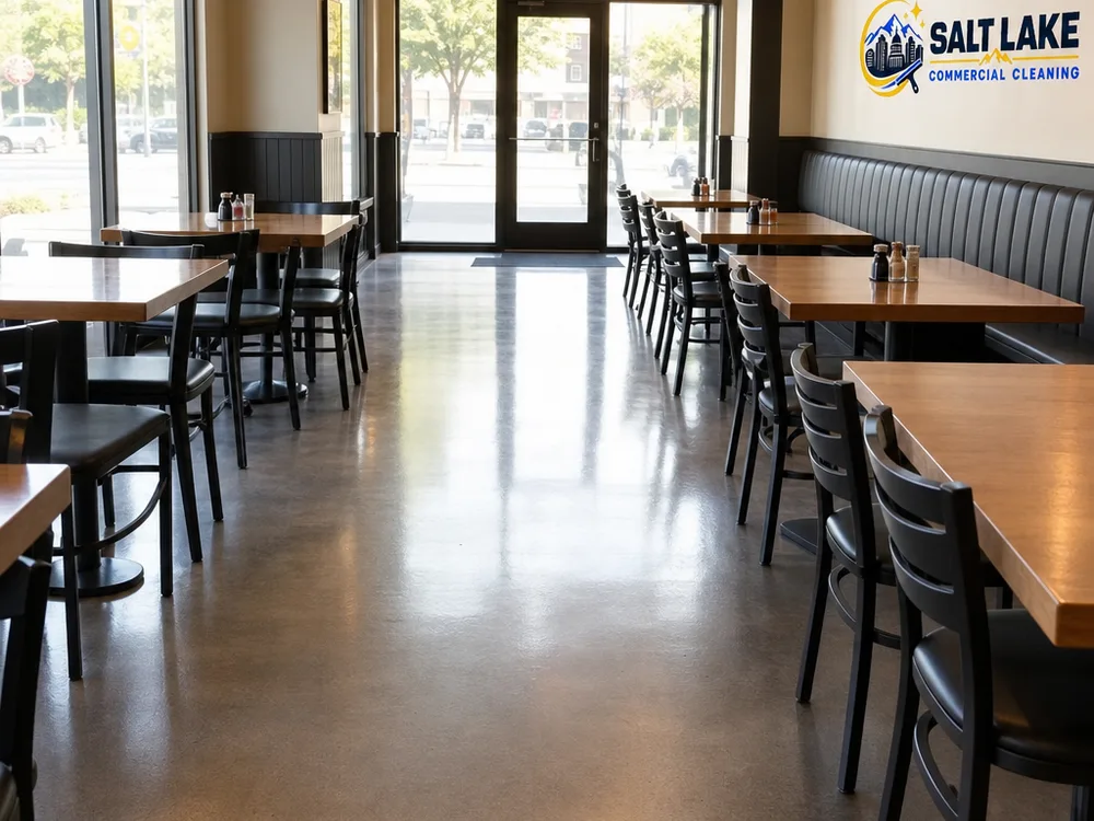 Clean restaurant dining area with aligned tables, wiped chairs, spotless entry glass, and streak-free floors