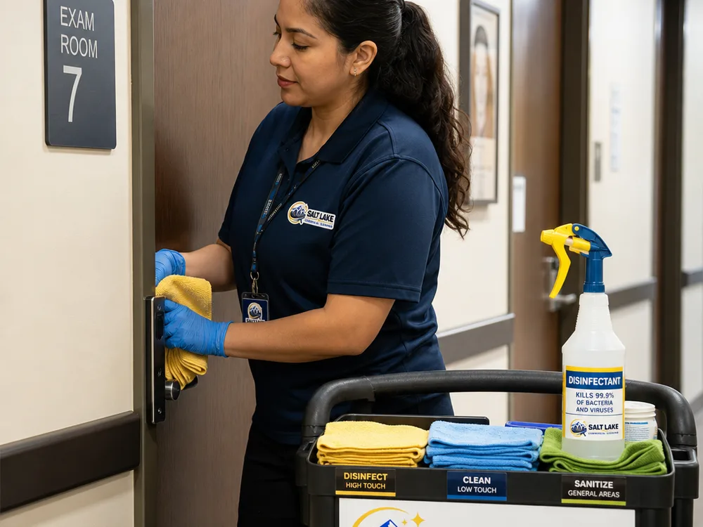 Cleaner using color-coded microfiber cloths and labeled disinfectant outside medical exam rooms
