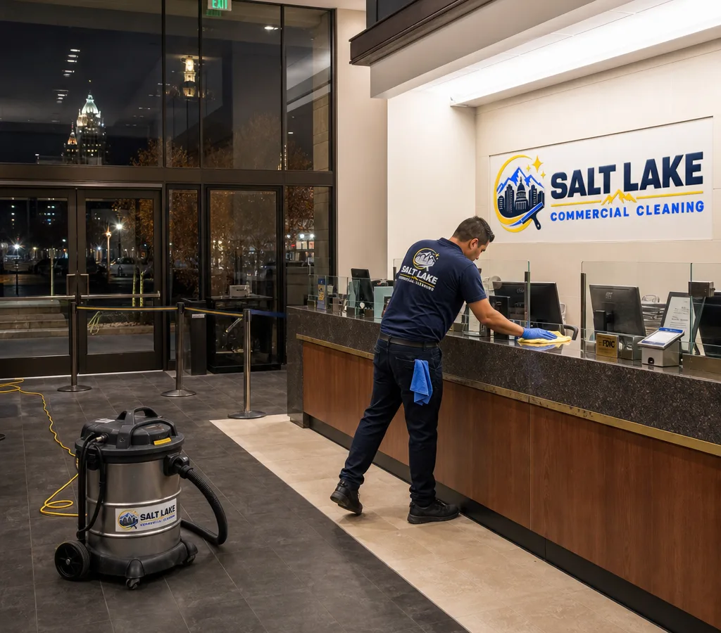 After-hours bank lobby cleaning in Salt Lake City with a cleaner wiping teller counter surfaces, polishing glass entry doors, and a vacuum staged nearby