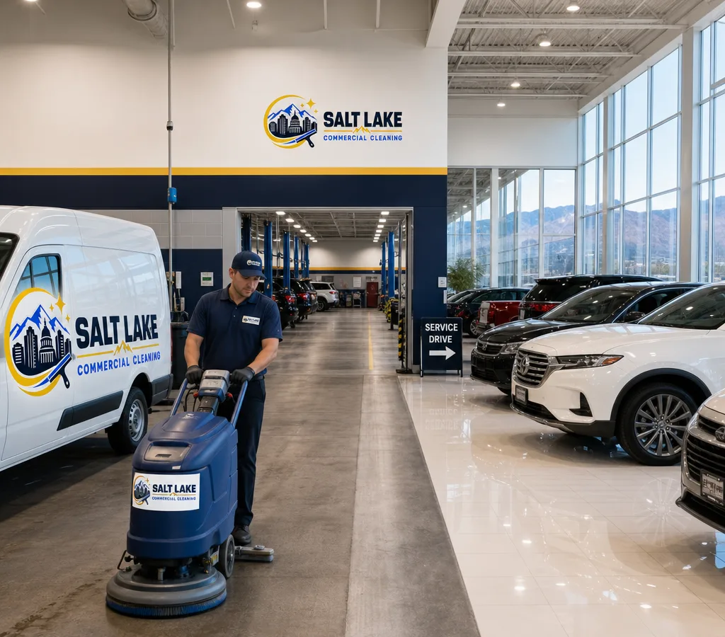 Wide, well-lit Salt Lake City auto dealership service drive and adjacent showroom with clean glossy floors and service bay lanes