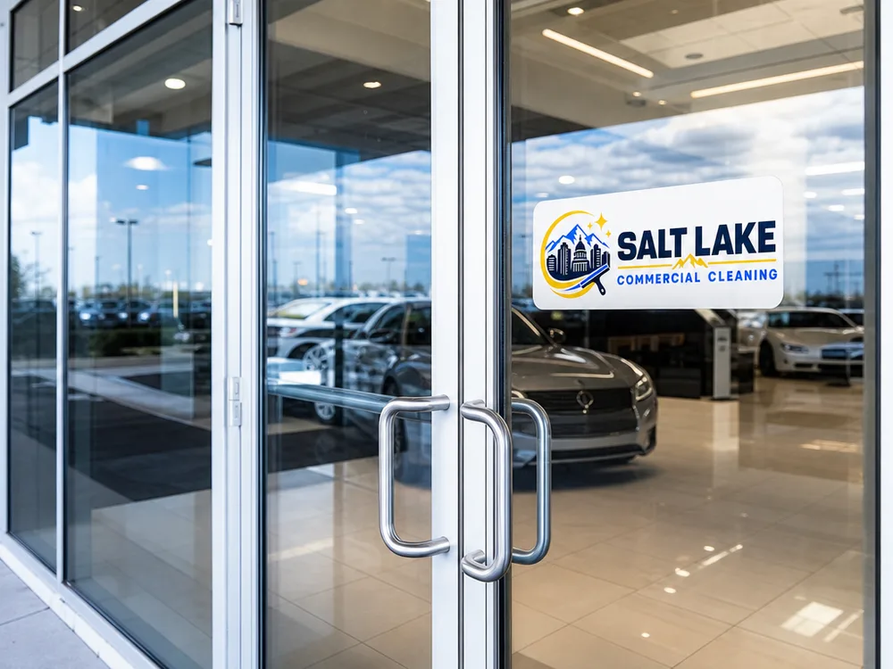Streak-free dealership front doors and glass partitions with clean metal handles under showroom lighting