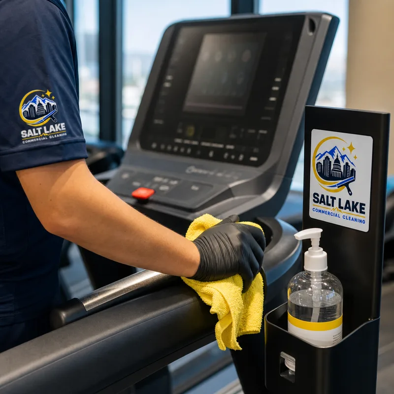 Cleaner carefully disinfecting treadmill controls and handles beside a hand sanitizer station