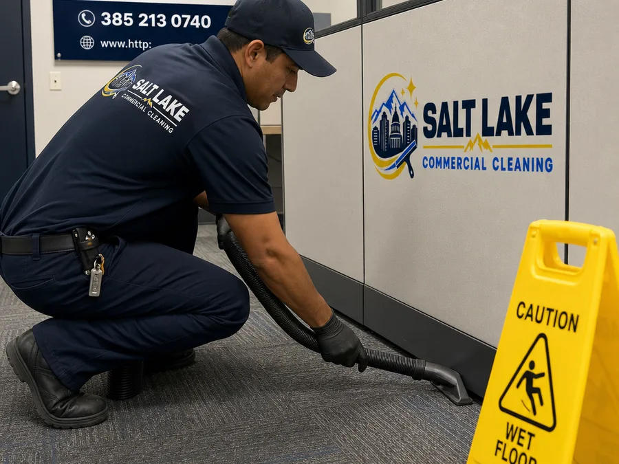 Technician vacuuming commercial carpet along baseboards and workstations in an after-hours office