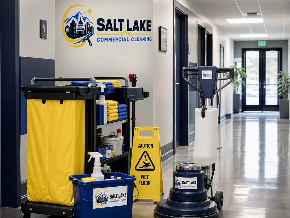 Organized deep cleaning setup with floor machine, caution signage, microfiber carts, and supplies
